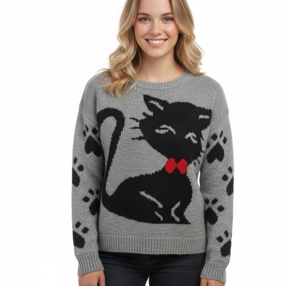 POOF Grey Black Cat Pullover Sweater Paw Prints Round Neck Womens Size Medium